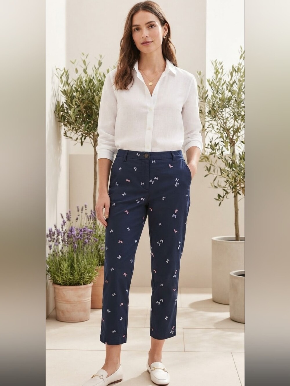 NWT Talbots Relaxed Chino Butterfly Embroidered Navy Blue Size 14 Petite